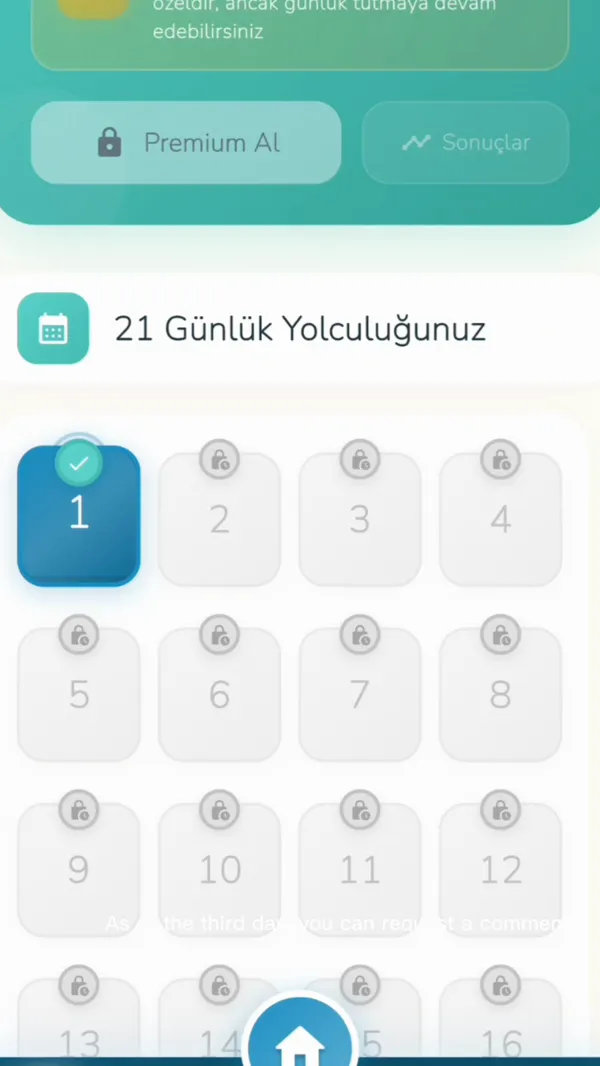 Harmonia Kids uygulamasında 21 günlük yolculuk takibi ve günlük notlar ekranı
