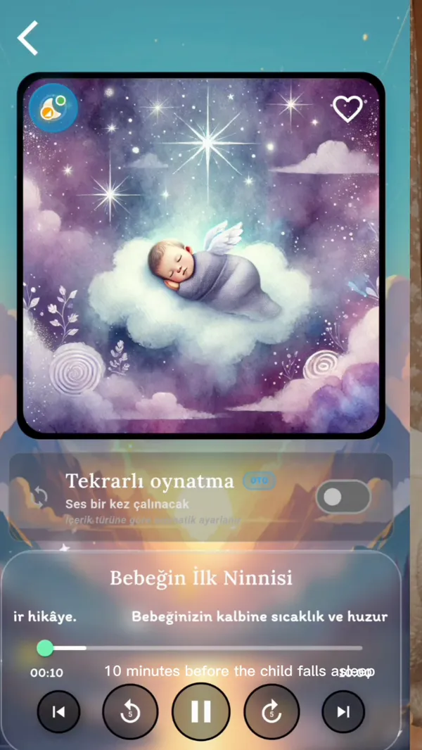 Harmonia Kids uygulamasında “Bebeğin İlk Ninnisi” masalının çalındığı oynatıcı ekranı